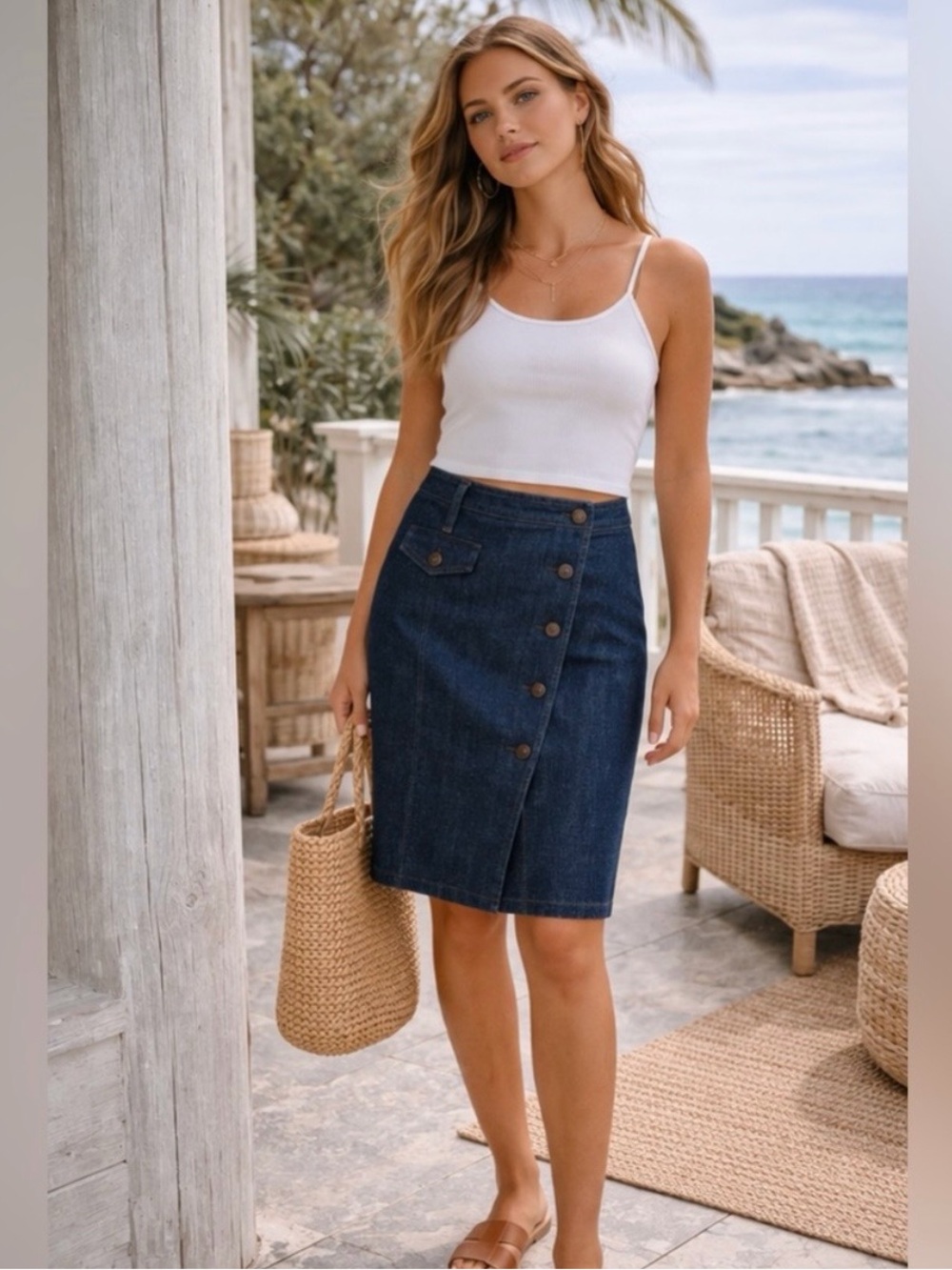 Banana Republic Dark Blue Denim Button-Front Midi Skirt